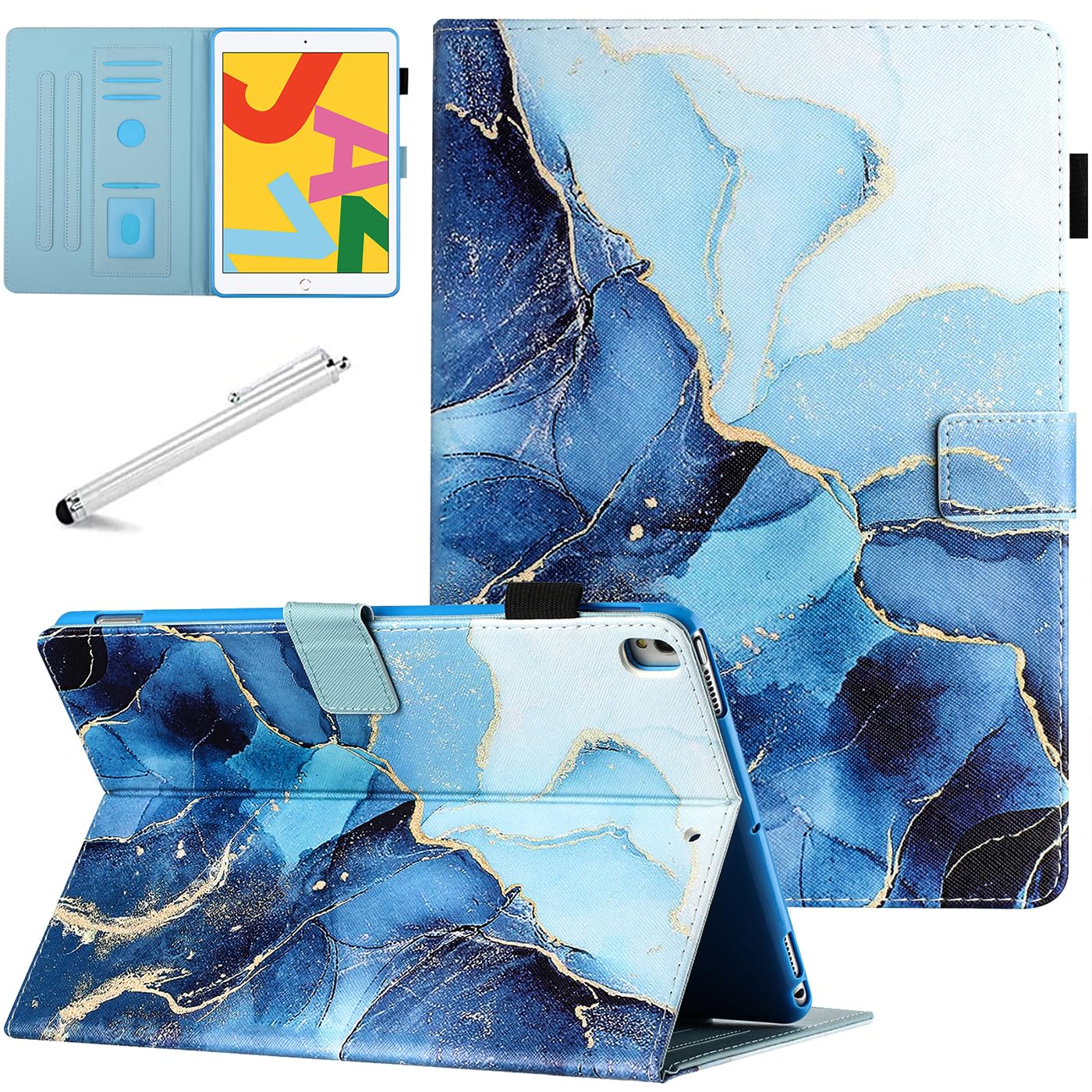 Fancity for iPad 9th/8th/7th Generation (2021/2020/2019) 10.2 Inch PU Leather Case with Pen Holder, Smart Wake Sleep Stand Cover with Card Slot - Marble Blue — image 1