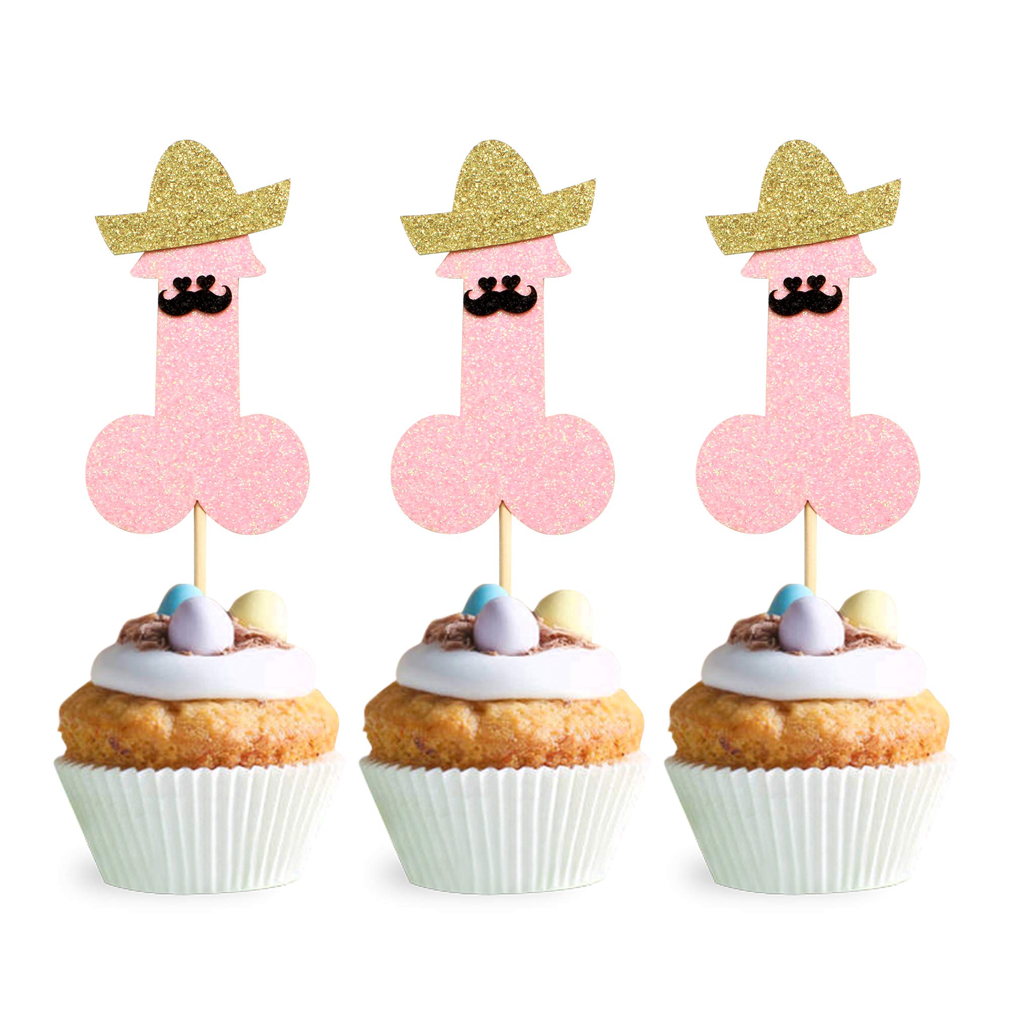 n / a 24 Pack Glitter Bachelorette Cupcake Toppers with Mini Hat Moustache Picks Bridal Shower Bachelor Birthday Party Cake Decorations Supplies,Pink,small