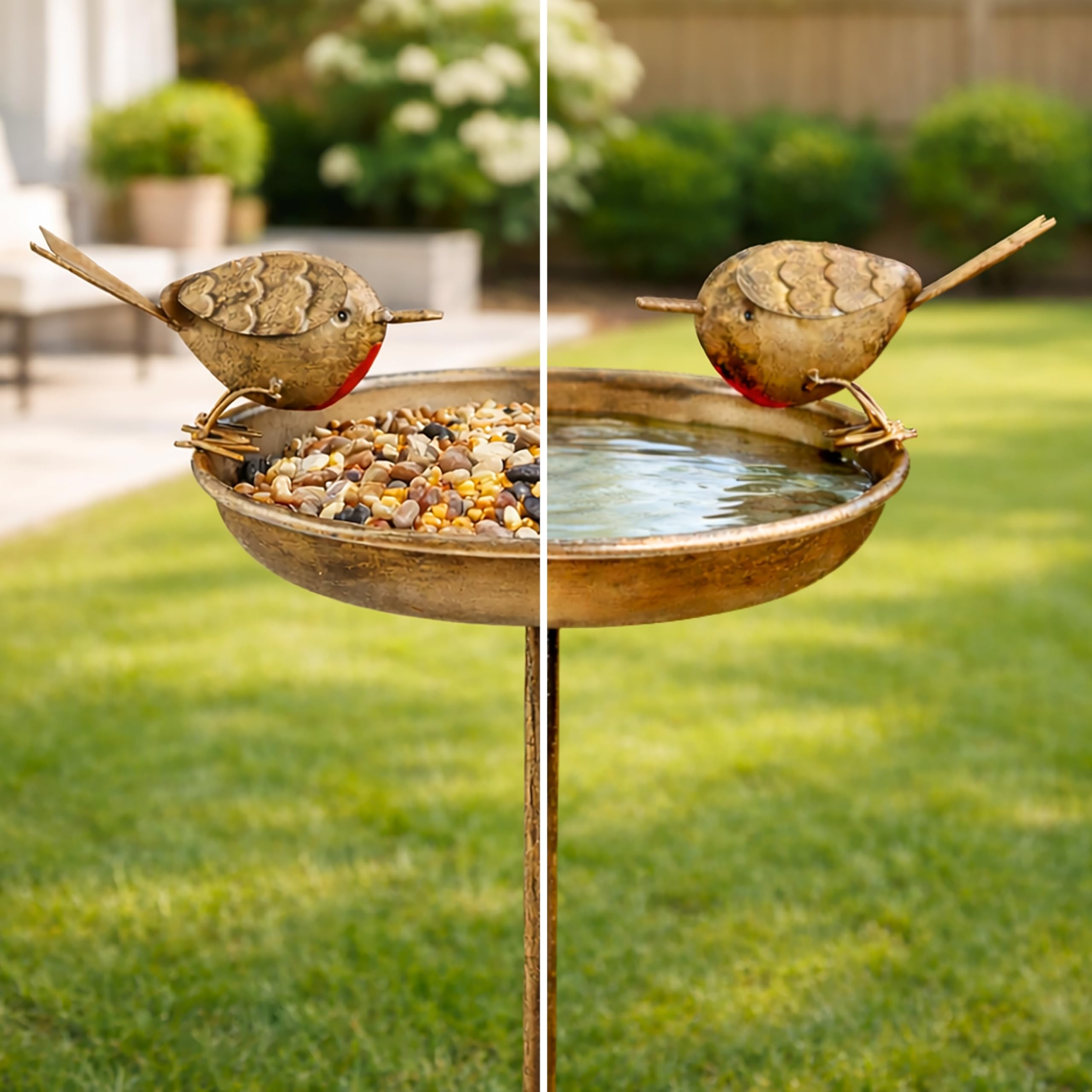 Garden Mile Metal Bird Bath with Stake – 81cm Standing Garden Bird Bath & Feeder, Decorative Outdoor Bird Water Bowl with Robin Ornament, Weatherproof Metal Bird Bath for Garden Birds