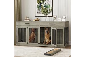 Rophefx 72" Dog Crate Furniture for 2 Dogs, Large Dog Kennel Furniture with 2 Storage Drawer and Removable Divider, Wooden Dog Cage with 4 Bowls, Indoor Dog House TV Stand for Large Medium Dog, Grey