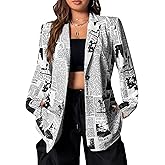 WDIRARA Women's Newspaper Print Single Button Blazer Lapel Collar Long Sleeve Work Office Jacket