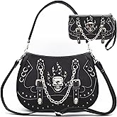 Punk Gothic Rock Metallic Skull Chain Purse Skeleton Leather Shoulder Bag Crossbody Bag Satchel Women Handbag Wallet Set