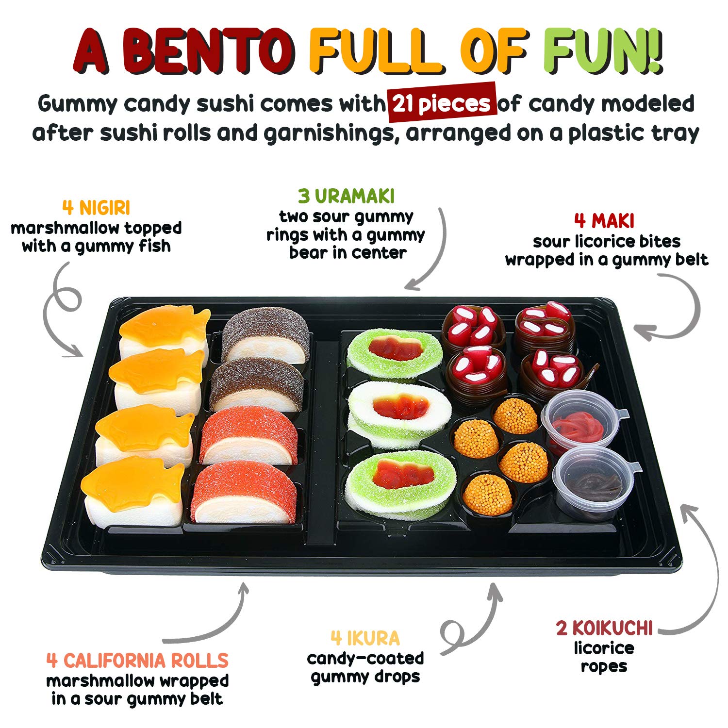 Raindrops Gummy Candy Sushi Bento Box with 6 Kinds of Sushi Rolls and