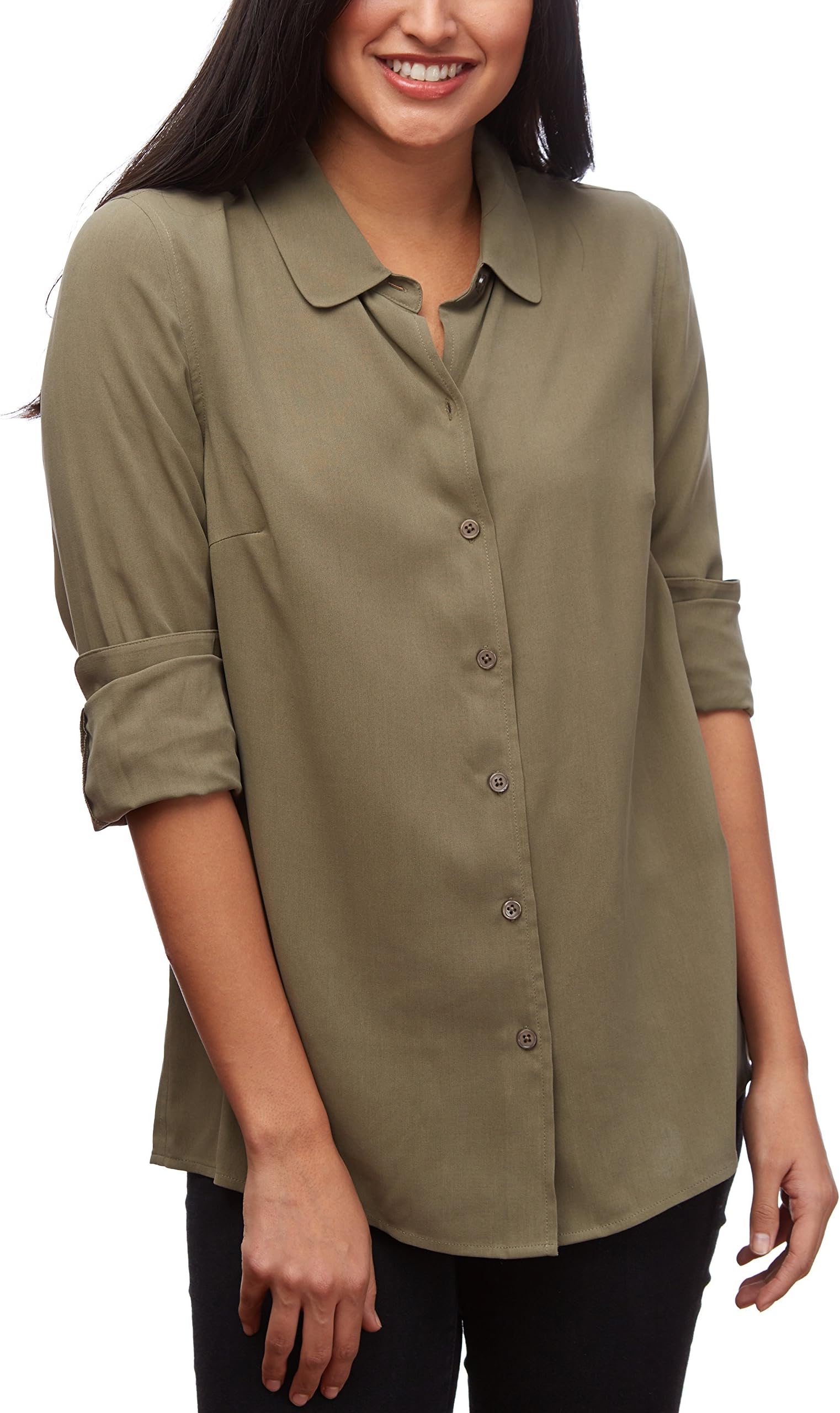Moon Cats Womenโs Silk Blouse Button Down Shirt Top Long Sleeves Rounded Collar