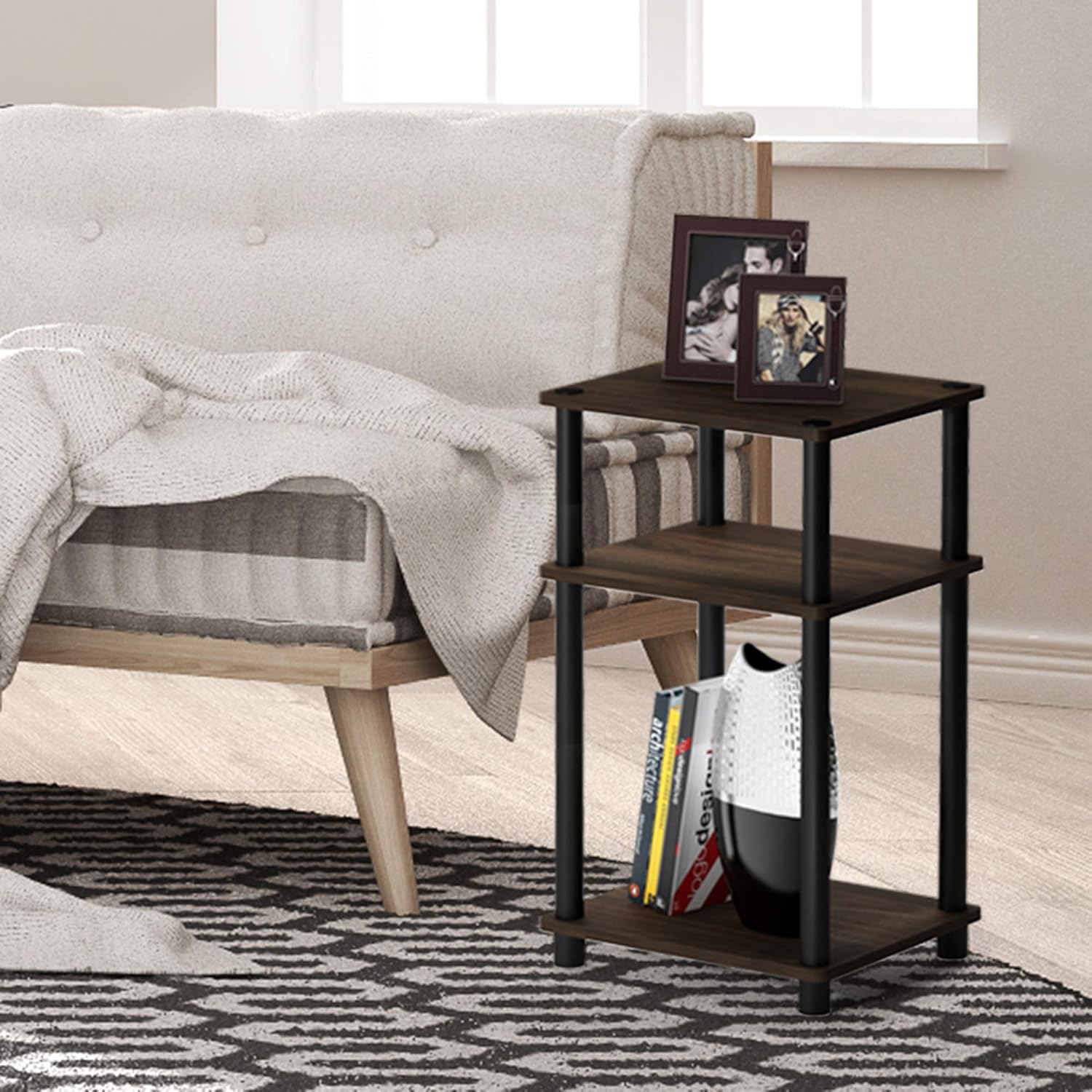 FURINNO Just 3-Tier End Table, 1-Pack, Columbia Walnut/Black: Furniture & Decor