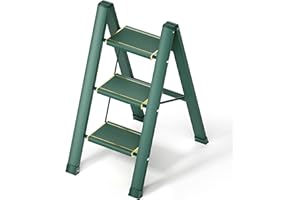 3 Step Ladder, Ladnamy Folding Step Stool with Wide Anti-Slip Gold Edge Pedal, Aluminum Lightweight Portable Step Stools for Adults, 330 IBS Capacity Multi-Use Ladder for Home and Kitchen, Green