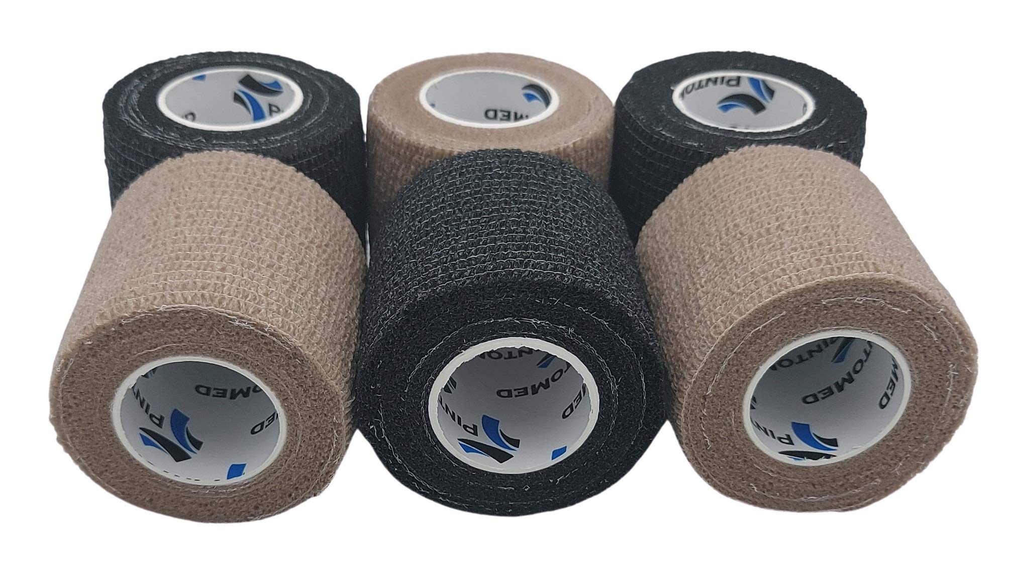 PintoMed – 3XBEIGE+3XBLACK X 5CM X 4.5M - Cohesive Bandage Stretched, Self-Adhesive Flexible Bandages, First Aid Sports Wrap Bandages Pack Individually for Medical, Sports and Veterinary use.