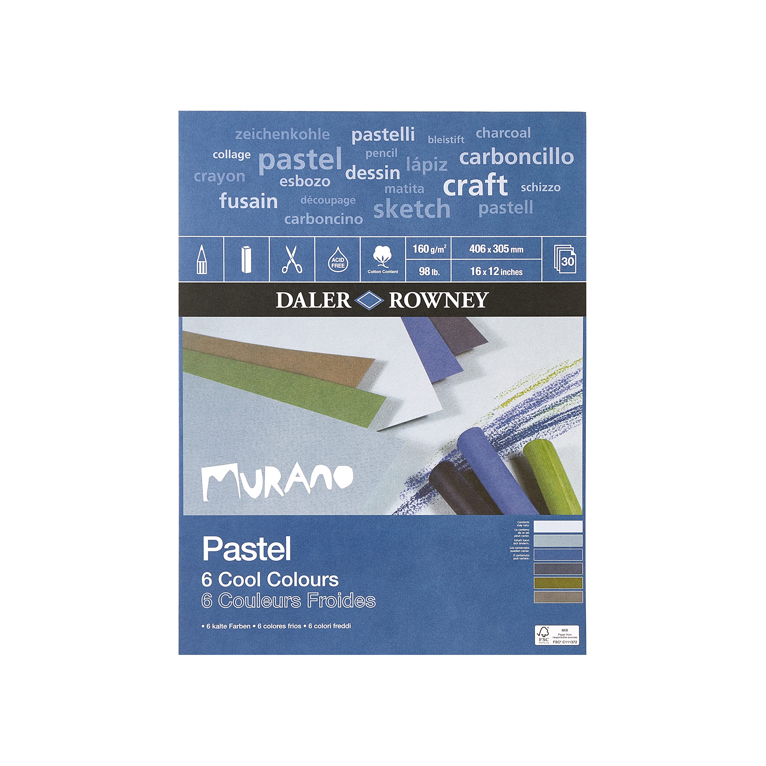Daler-Rowney Murano 160gsm 16 x 12in Pastel Paper Pad, Honeycomb Texture, Glued 1 Side, Cotton Content, 30 Cool Colours Sheets, Ideal for Professional Artists & Students