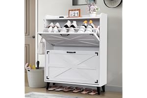 elifine 31" W Farmhouse Shoe Cabinet with 2 Flip Drawers & Side Hooks, Freestanding Shoe Organizer with Wooden Legs for Entryway, Corridors, Hallway (White)