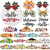 Burbell 21 Pcs Interchangeable Welcome Sign for All Holiday Front Door Decoration with 4 Bows, 4 Characters and 12 Changeable Icons Farmhouse Front Door Decoration Seasonal Wooden Home Sign