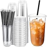 Ziliny 100 Set 20 oz Clear Plastic Cups with Lids and Straws, Disposable Iced Coffee PET Cups for Drinking Cold Beverage Juice Parfait Smoothie Milkshake Coffee Shops Party Supplies