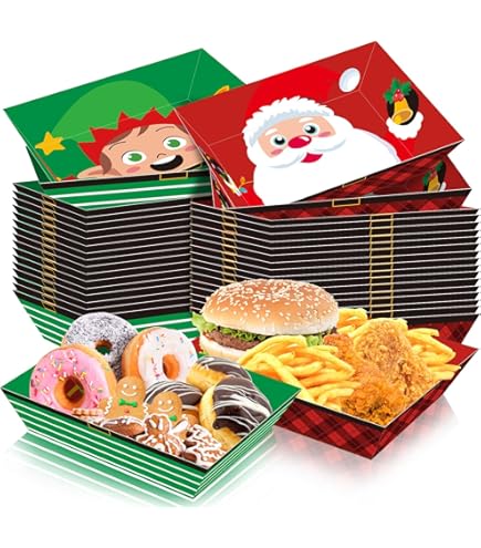 Zhehao 36 Pack Christmas Paper Food Trays 5 Lb Large Food Serving Boat Nacho Trays Xmas Party Supplies Disposable Snack Bowl For Winter Holiday Xmas