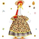 FuWeave Spring Goose Outfit Sunflower Lawn Porch Cement Goose Sunmer Clothes Skirts Hat Wig Forgarden Outdoor Patio Yard Statue Art Decor(Cherry,23 Inch)