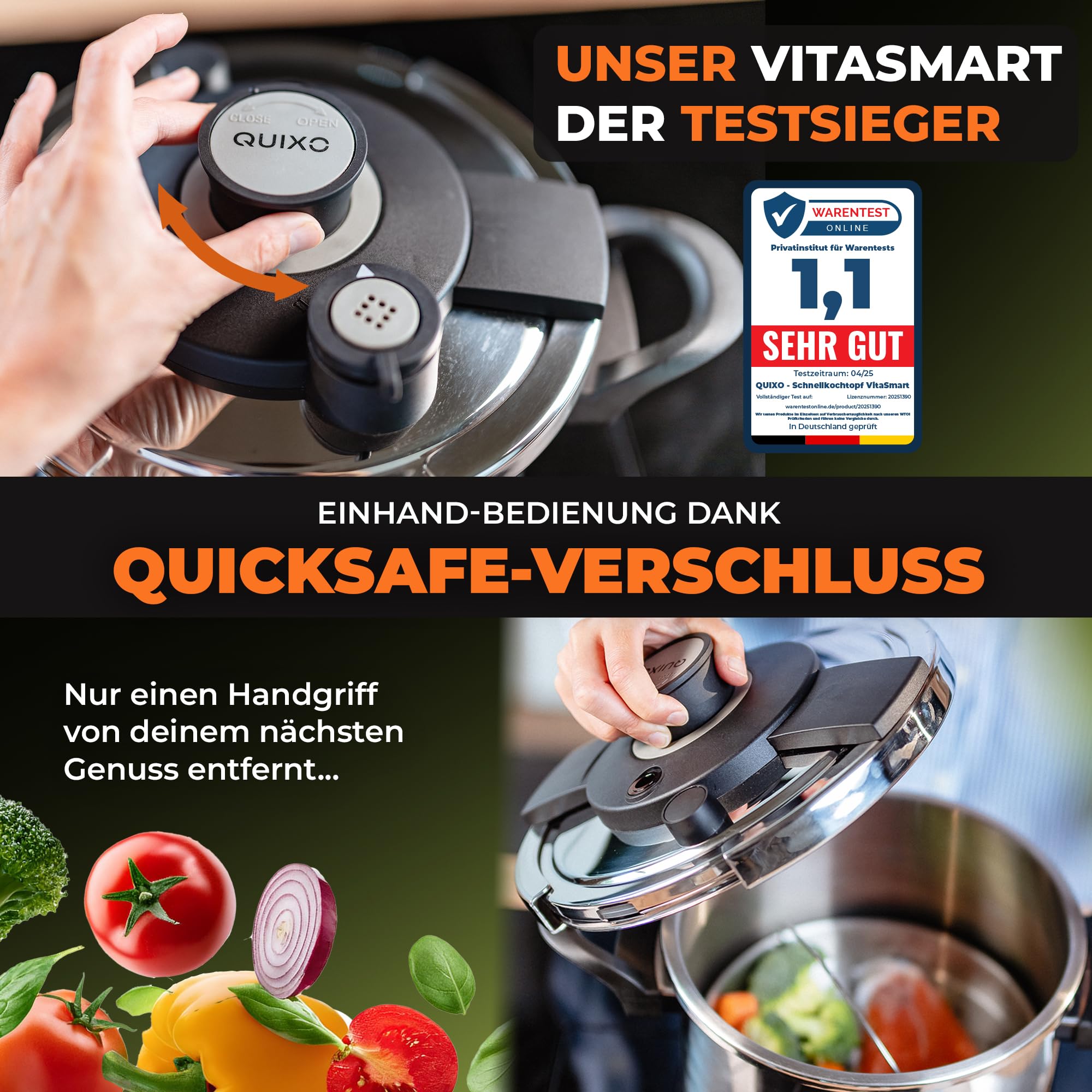 QUIXO Schnellkochtopf 6L VitaSmart mit Kochzeitsignal für alle Herdarten [NEU mit Füllmengenmarkierung] Dampfkochtopf mit 2 Garstufen (6L + Garkorb) 2