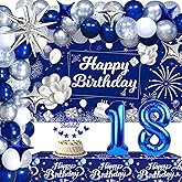 Blue 18th Birthday Decorations for Boys Girls, 18th Silver and Navy Blue Birthday Decorations for Him Her with Happy Birthday Backdrop Banner Tablecloth Balloons Arch Foil Balloons Party Supplies