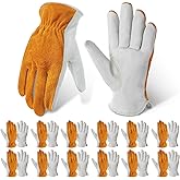 Bunnycool 12 Pairs Bulk Leather Work Gloves for Driver for Men or Women Welding Gloves for Truck Driving, Construction, Warehouse, Gardening, Automotive Repair, Cowhide(Yellow, White)
