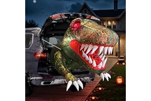 KOITHE Halloween Inflatable Outdoor Decorations, 3.8FT Trunk or Treat Car Decorations, Blow Up Animated Dinosaur with Flashing Red LED Eyes for Halloween Yard Decoration