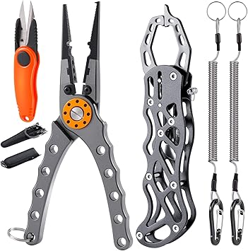 Amazon フィッシングプライヤー フィッシュグリップ 最新版 釣りセット アルミ 多機能型 魚掴み器 漁具 魚ばさみ 針外しラインカッター ロングノーズ 防錆 ステンレス フィッシュグリップ 安全ロープ付き 釣り具 ブラック Hombasis プライヤー フックリリーサー