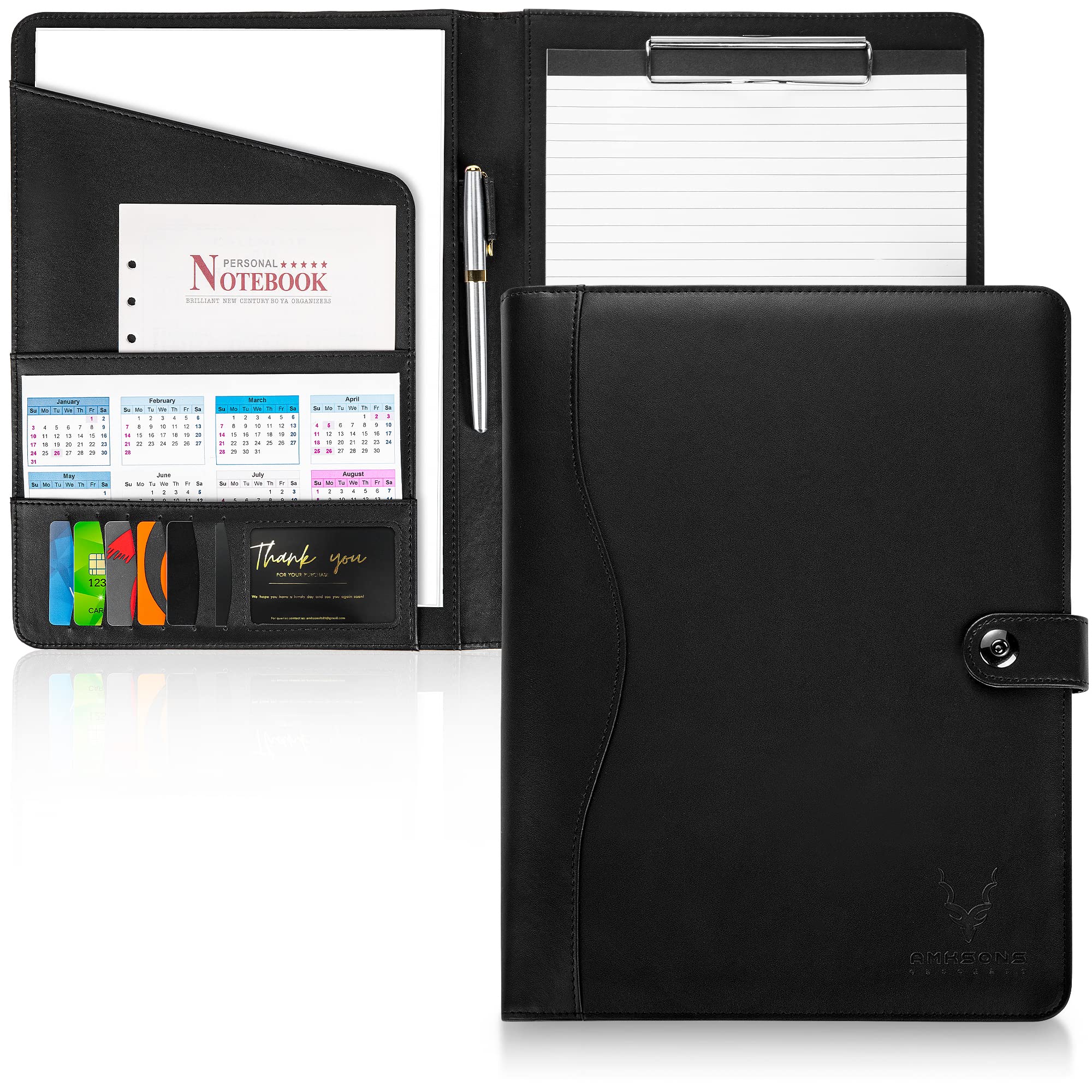 AMKSONS Portfolio Folder a4 in Black with Clip Board and A4 Notepad - Premium PU Leather Clipboard Folder with Document Compartments, Document Holder, Pen Holder, Flip Cover and Magnetic Closure