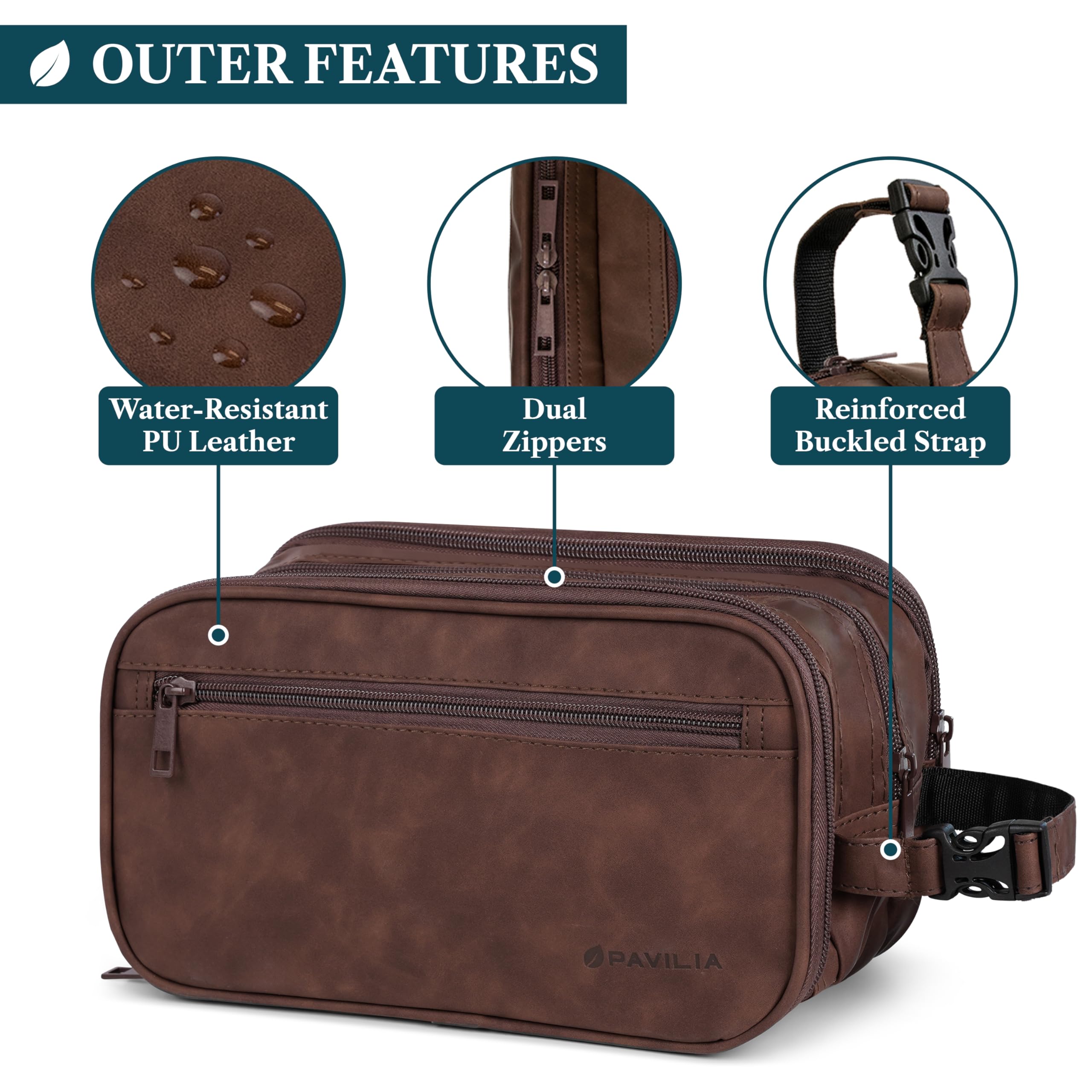 PAVILIA Toiletry Bag for Men, Travel Toiletries Bag | Water-resistant Dopp Kit, PU Leather Shaving Pouch Organizer for Accessories, Cosmetic, Hygiene, Grooming Essentials (Black)