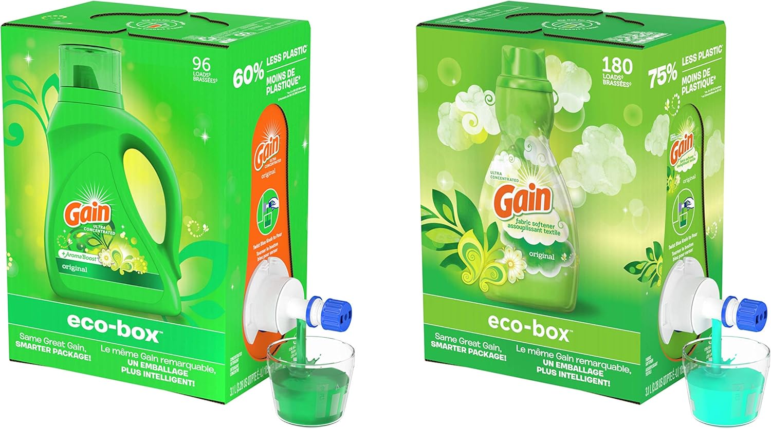 Gain Laundry Detergent eco-Box, Original Scent + Gain Eco-Box Liquid Fabric Softener, Original Scent