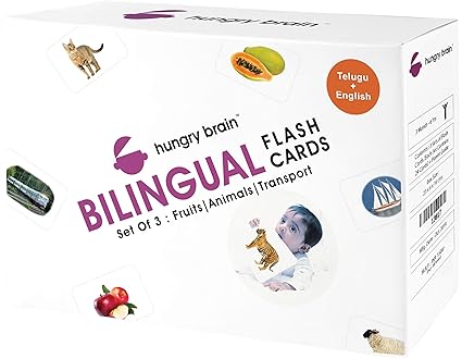 Hungry Brain Transport, Animals, Fruits Bilingual Combo Telugu English Early Learning Flash Cards for Infant