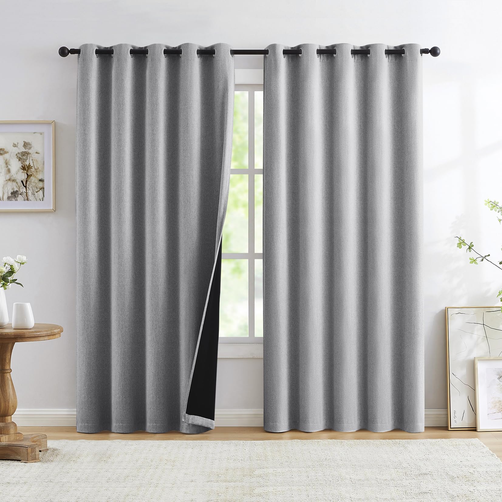 Treatmentex Grey Full Blackout Window Curtain Panels 54 inches Long Burlap Linen Textured, Short Thermal Insulated Burlap Linen Bedroom Drapes Thermal Insulated Winter Curtains 60"x54"x2, Gray