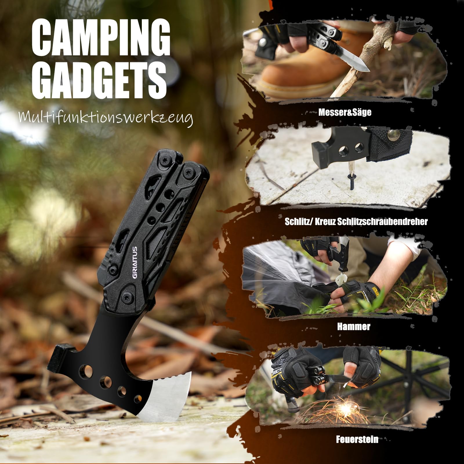 Geschenke für Männer 16IN1 Multitool Camping Zubehör Geschenk Vatertag Männergeschenke Survival Gadgets mit Axt Hammer Zange Säge Schraubendreher Flaschenöffner Pfeife 5