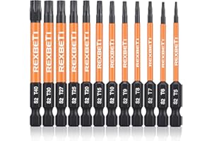 REXBETI 12 Piece Torx Head Screwdriver Bit Set, 1/4 Inch Hex Shank S2 Steel Magnetic 3 Inch Long Drill Bits, T5-T40 (Torx Head)