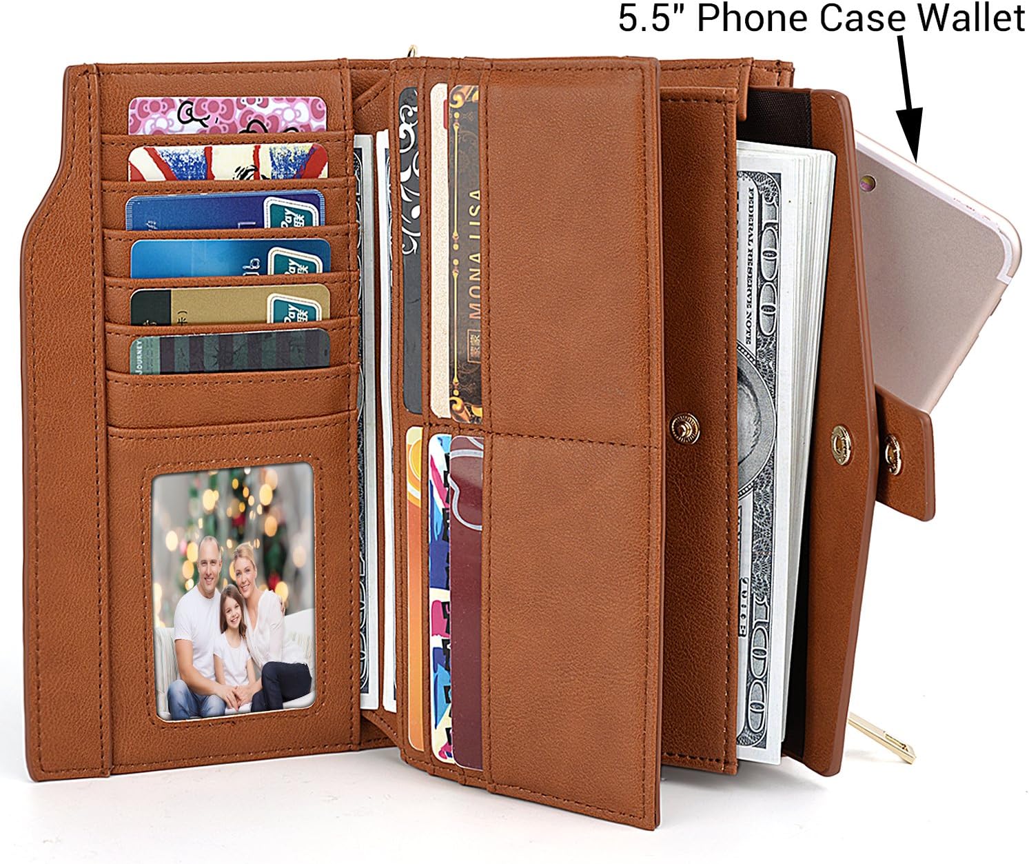 UTO Wallet for Women RFID Blocking Ladies Wristlet Purse 21 Card Slots Phone Pocket Synthetic Leather Brown - Image 3