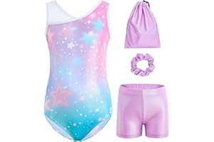 Tstiti Gymnastics Leotards for Girls 4-Piece Outfit with Storage Bag Scrunchie & Shorts Set for Toddler/Kids 3-12 Years