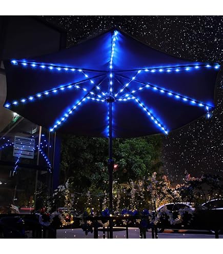 blue offset patio umbrella with solar lights Solar-Powered LED Cantilever Umbrella, 6-Position Adjustable, USB Port/Switch, 11' x 11' Square, Navy Blue