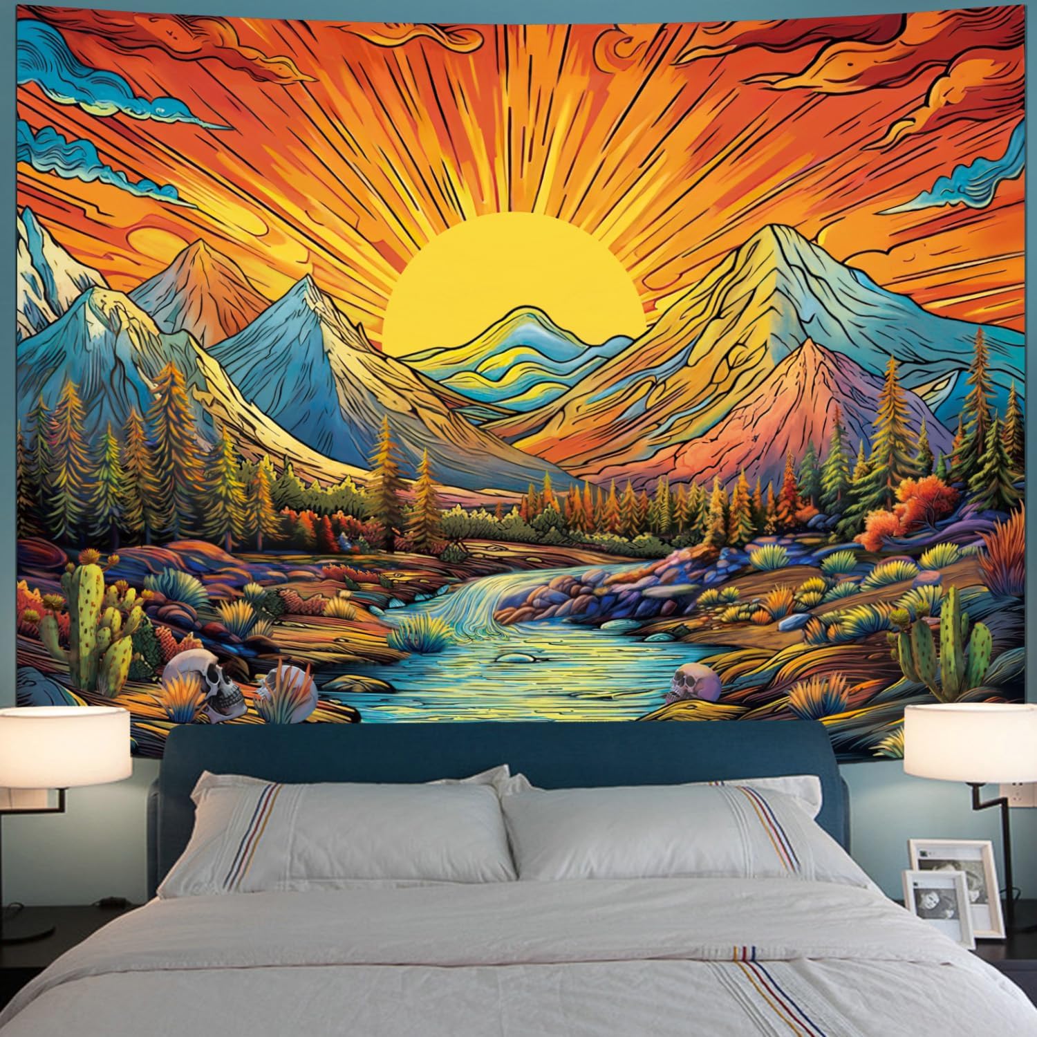Tapestries - Serborlur Sun Mountain Tapestry Trippy Forest Tree Tapestry Vintage Aesthetic Plant Tapestry Magic River Wall Tapestry Nature Landscape Tapestry Wall Hanging for Bedroom