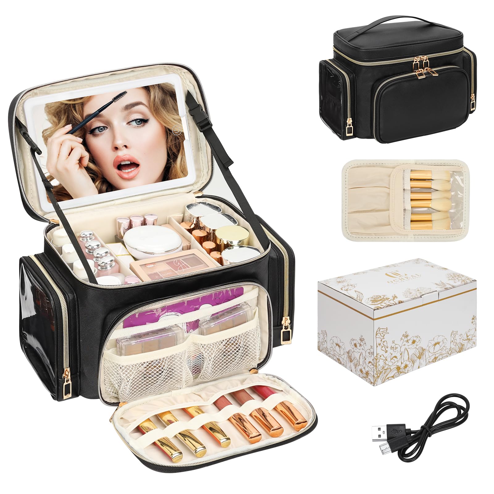 Photo 1 of Large Makeup Bag with LED Mirror, Travel Makeup Bag Organizer for Women Girls with Makeup Brush Compartment & Two Side Pockets, 3 Color Lights Cosmetic Toiletry Bag- Leather Black