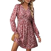 Dokotoo Fall Dresses for Women 2025 Casual V Neck Lantern Long Sleeve Floral Shirred High Waist A-Line Boho Dress