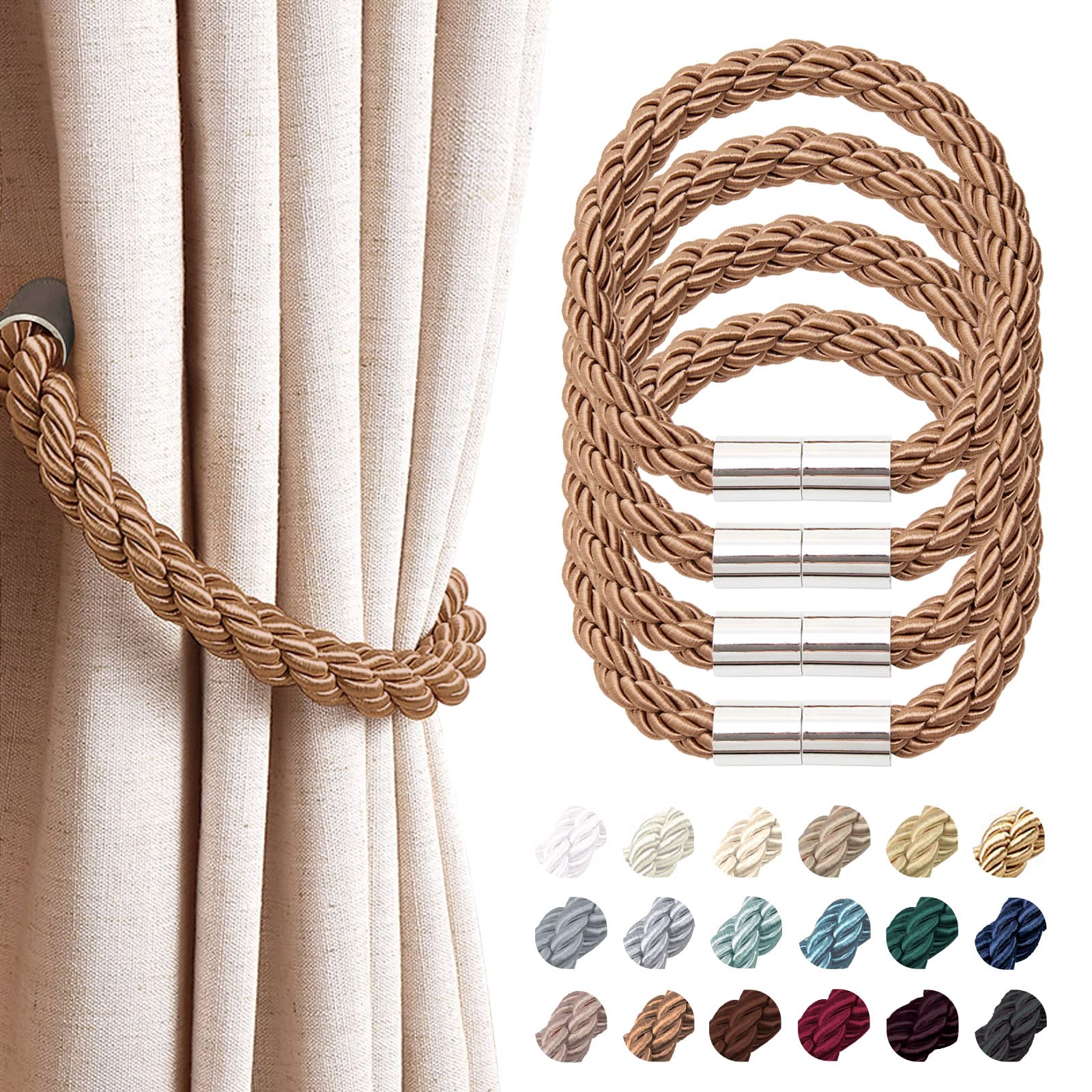 Pretty Jolly 4 Pack Strong Magnetic Curtain Tiebacks Modern Simple Style Drape Tie Backs Convenient Decorative Weave Rope Curtain Holdback for Thin or Thick Home & Office Window Drapery (Light Coffee)