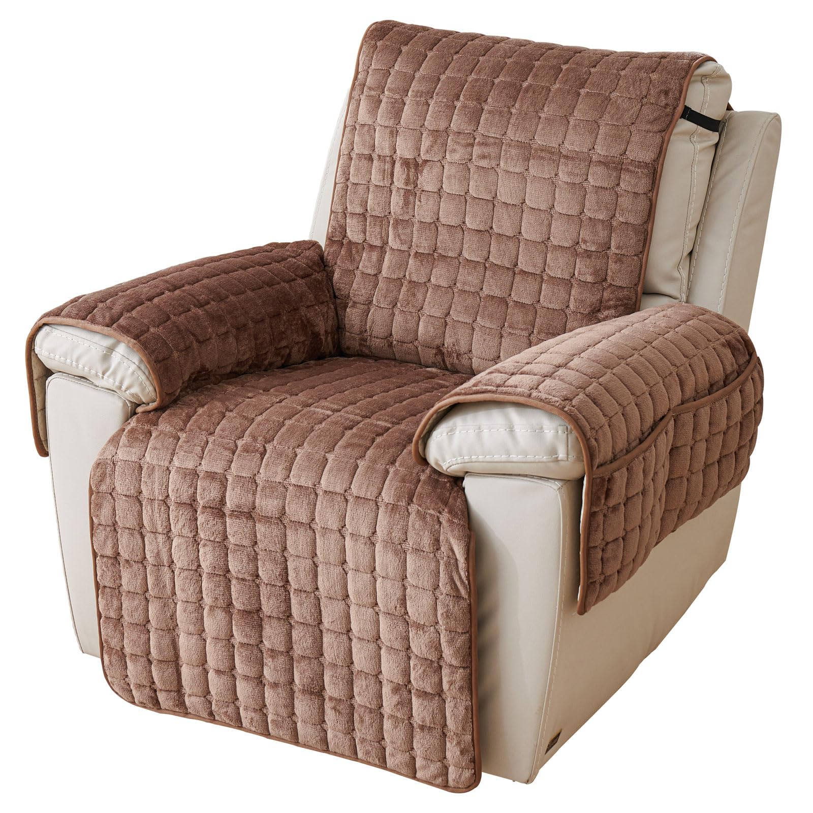 NUODWELL Upgraded Recliner Chair Cover with Pockets, Plush Non Slip Armchair Cover, Super Soft Washable Sofa Slipcover Furniture Protector Cover for Kids and Pets (Coffee with Pockets, 53 * 190CM)