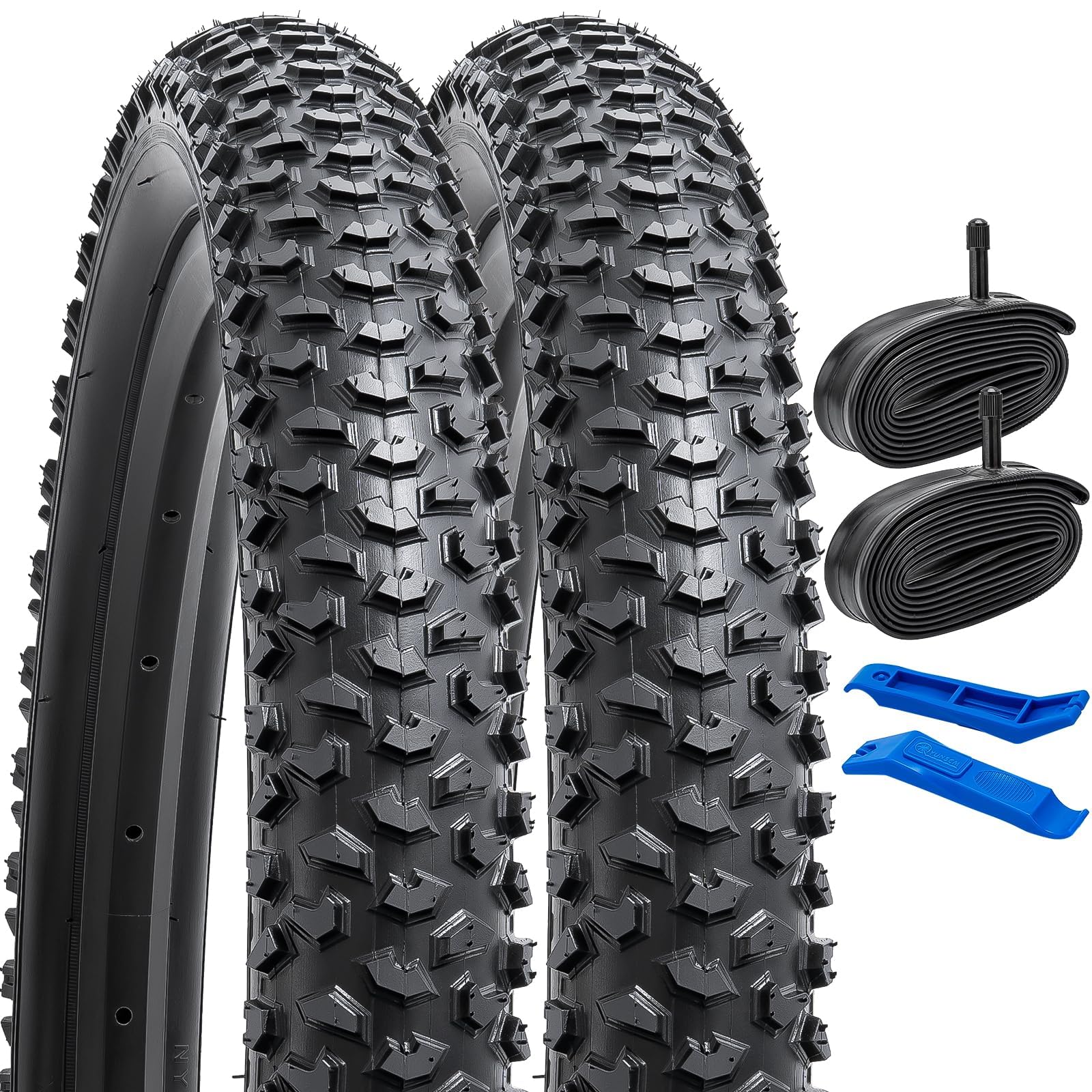 YUNSCM 2-Pack 60TPI 24 inch Bike Tyres 24x2.125 ETRTO 57-507 with 24" Bike Inner Tubes AV32mm Schrader Valve 2 Rim Strips Compatible Mountain Bike 24x2.10 24x2.125 24x2.20 Tyres and Tubes