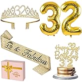 32nd Birthday Decorations for Women Gold with 32 Birthday Sash and Tiara, Cake Topper and Candles, Number Balloons, 32 Year Old Gifts for Women