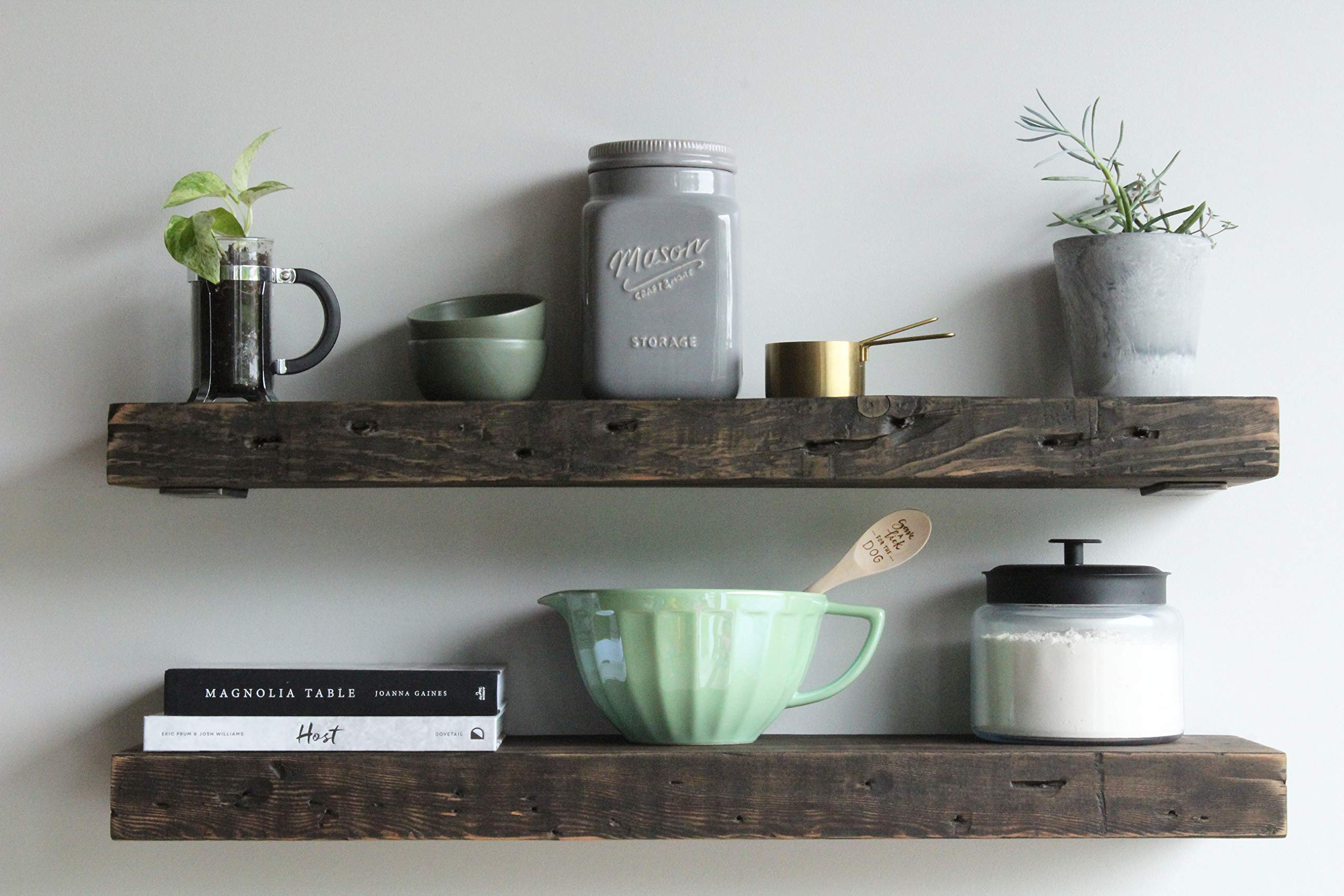 Urban Reclaimed Barnwood Shelves - Set of 2 - Amish Handcrafted in Lancaster, PA - Rustic with Raw Metal Brackets (Rustic Brown, 24" x 9" x 2.5" Low Profile)