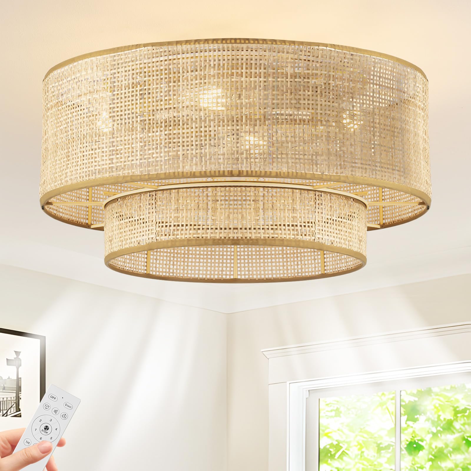 Photo 1 of **INCOMPLETE** XYLLIFY Boho Caged Ceiling Fans with Lights,Rattan Fandelier Ceiling Fans with Lights and Remote Control, Coastal Enclosed Flush Mount with Reversible 6 Speeds for Bedroom Dining Room Kitchen