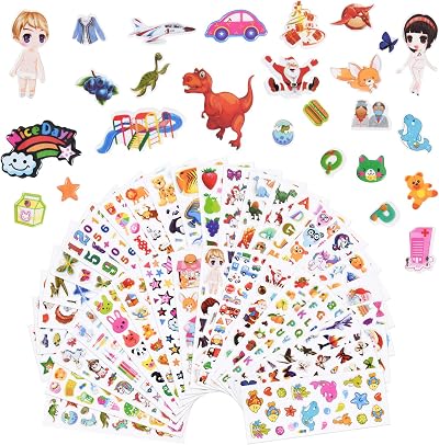 Vicloon 3D Stickers for Kids 38 Sheets 1000+ Puffy Animals Cars Dinosaurs