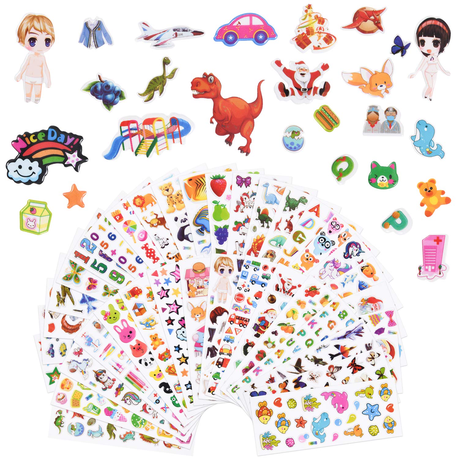 Vicloon 3D Stickers for Kids Toddlers, 38 Variety Sheets Puffy Stickers, 1000+ Children Stickers for Party Rewarding Gifts Scrapbooking Including Animals Dinosaurs Santa Fruits Star Car for 3+ Years
