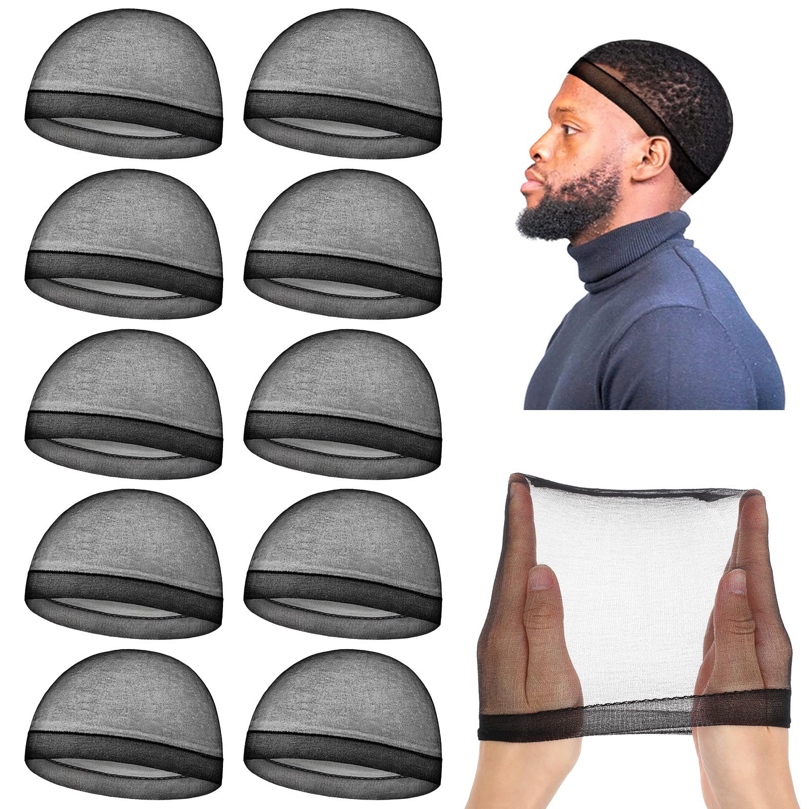 Photo 1 of 10Pcs Silky Stocking Cap Breathable Wave Cap for Men Soft Sleeping Shower Caps Adult Stretchy Beanie Caps Compression Over Durag Skull Hat Satin Hair Bonnet Elastic Band Tie Wrap Scarf for 360 Waves