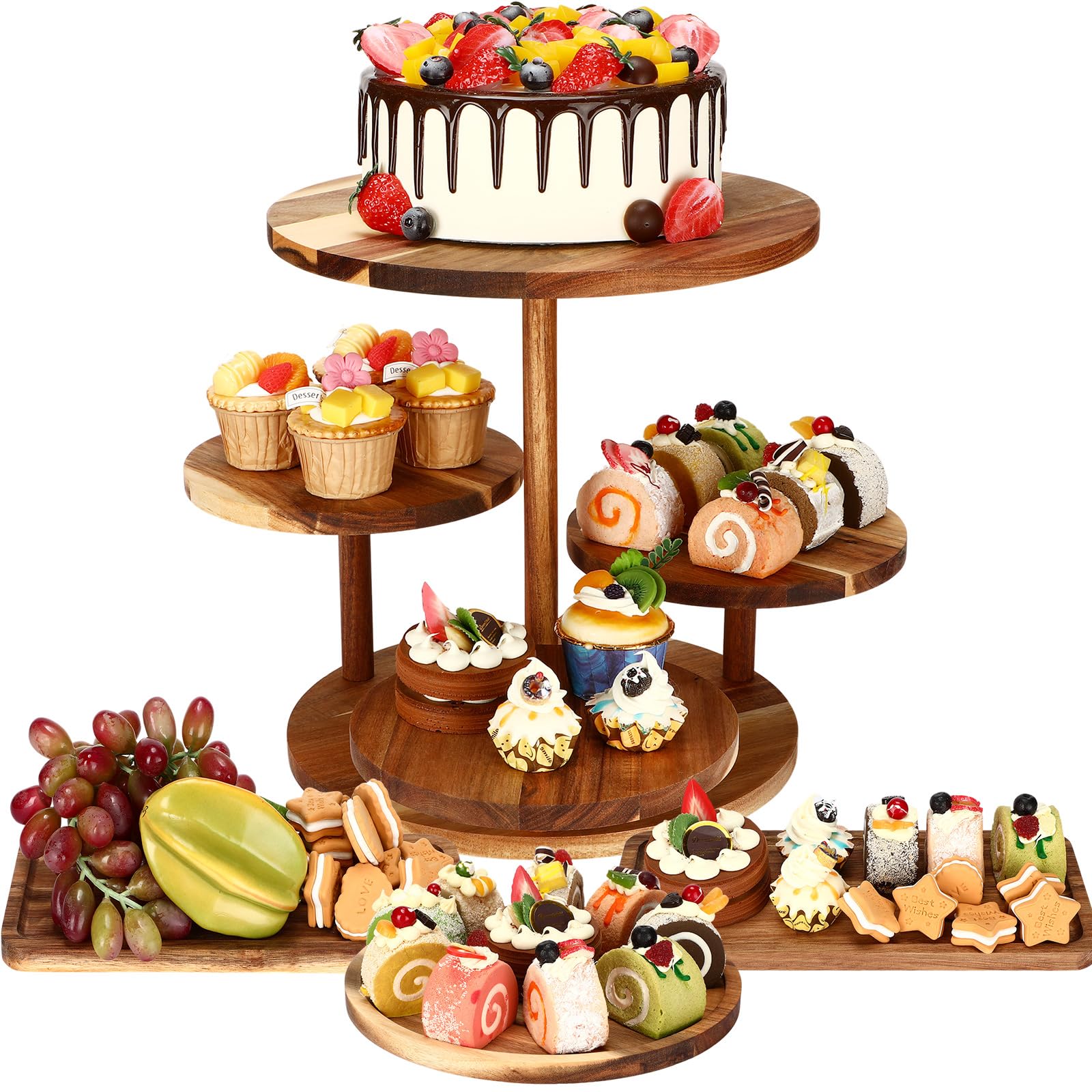 Photo 1 of Hushee 4 Pcs Wood Round Cupcake Tower Stand with Serving Platters Trays Set, 4 Tier Wooden Cake Stand Tray with 1 Round Dinner Plate 2 Rectangular Plates for Dessert Snack Party(Brown)