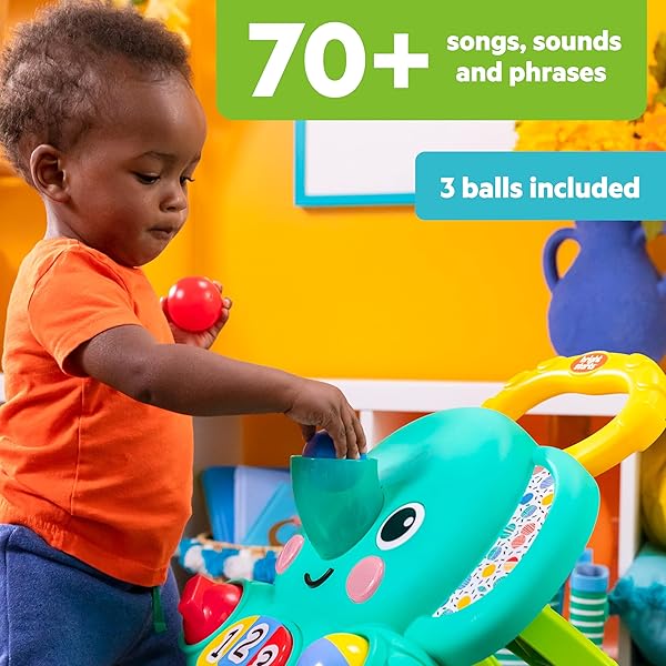 BRIGHT STARTS STROLL ‘N ROLL 2-IN-1-BALL PUSH WALKER – INCLUDES 3 TOY BALLS, ELEPHANT WITH 70+ SONGS & SOUNDS, 7 ACTIVITIES – BALL DROP, PIANO, SPINNER, FLIP BOOK & MORE
