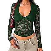 KWSTAIN Lace Tops for Women Sexy Long Sleeve Stretchy Floral V Neck Blouse Shirts Slim Fitted Going Out Crop Top with Bow Y2K