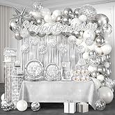 271 Pcs Disco Ball Decor, Worry-Free One-Stop Set Serves 25 Guests, with Balloons Arch Kit, Backdrop, Thick Plates, and Cake Toppers, Easy Setup for Disco Party Decorations