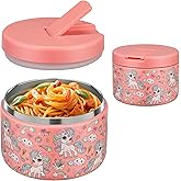 Pawtong 12oz Insulated Vacuum Food Jar with Buckle Lid Wide Mouth Soup Thermo for Hot Food Kids Leakproof Stainless Steel Lunch Container (Pink-Horse)