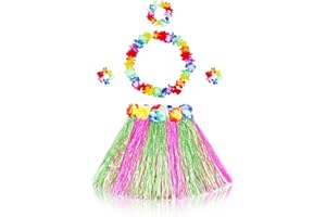 Fortuning's JDS Girl's Hawaiian Hula Grass Skirt Matching Elastic Flowers Kids Costume Set for Luau Tropical Beach Party
